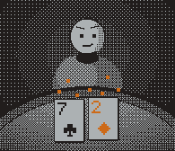 The original dithered poker scene: an agent with a smirk, seven–two on the table.